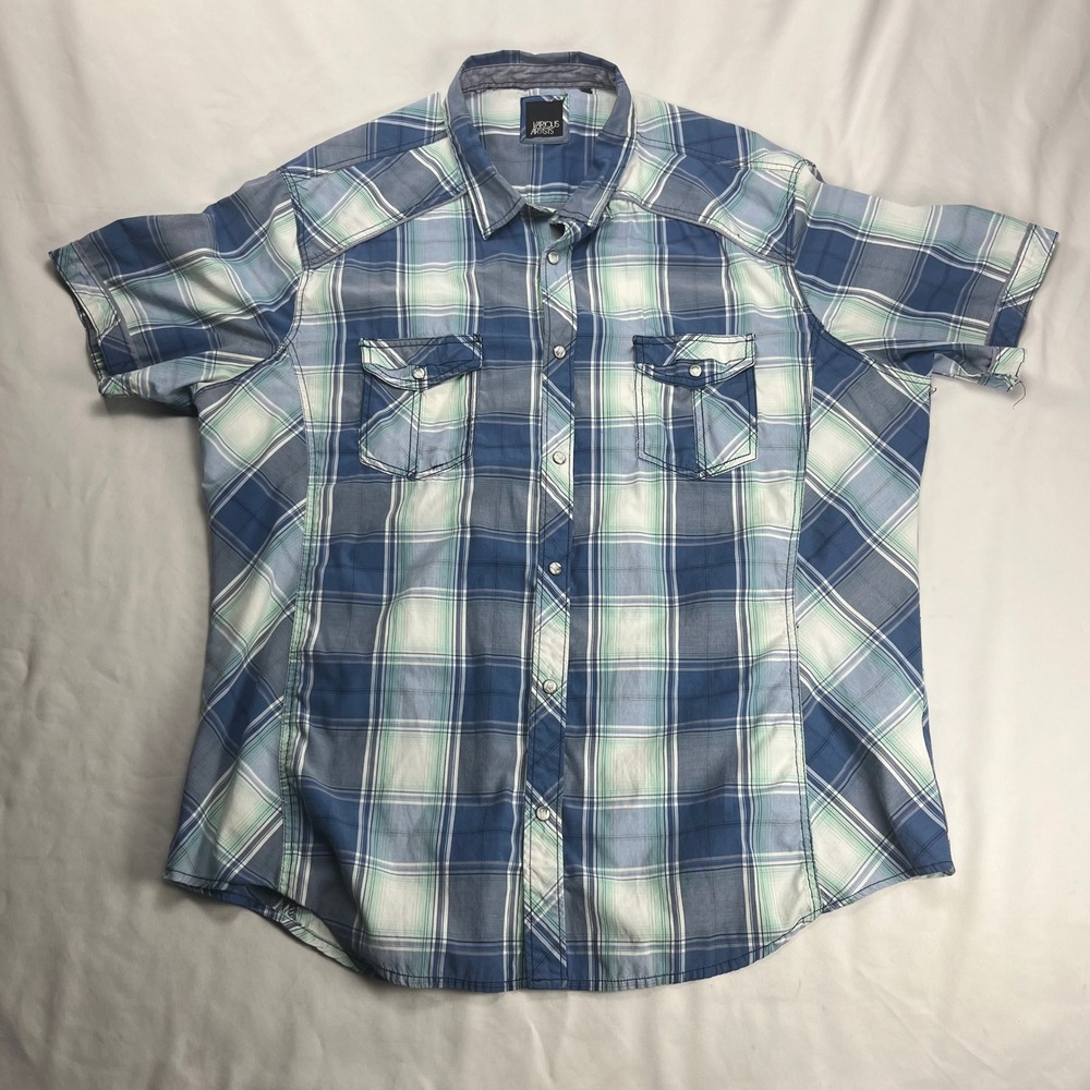 Various Artists Western Snap Shirt XXL‎ Blue Plaid Short Sleeve Pearl Snap